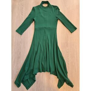 Anthropologie Green Asymmetrical Hem Midi Dress Size S Ribbed Mock Neck